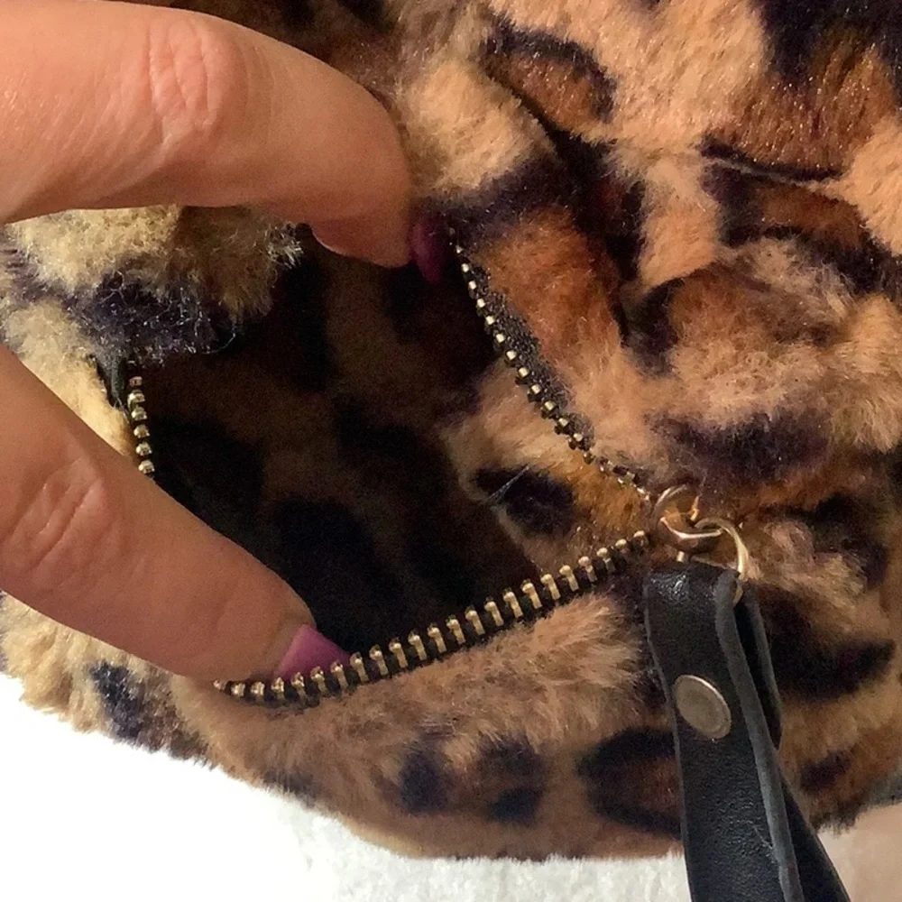 Faux Fur leopard animal print small backpack - fun playful - faux leather strap